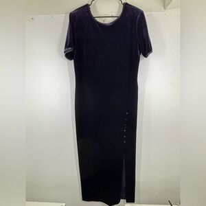 Vintage Y2K 90s Velvet Purple Button Slit Long Bodycon Dress Velour 12